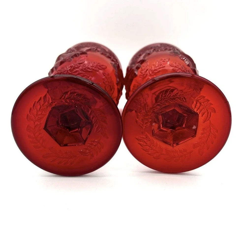 Westmoreland Ruby Red Pressed Glass Goblets Set of 2 Bird & Leaf Pattern 6.5